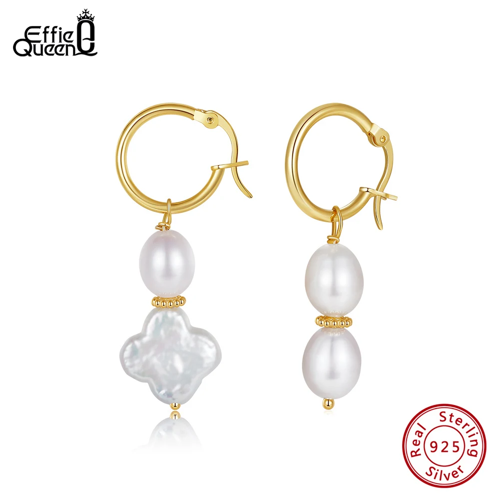 

Effie Queen Handpicked Freshwater Pearl Earrings 925 Sterling Silver Clover Shaped Drop Earrings for Women Party Jewelry GPE83