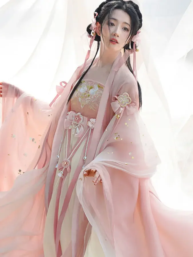 

Платье ханьфу, женский китайский традиционный костюм для косплея, летнее платье ханьфу в стиле древней династии Тан, розовое сценическое танцевальное платье из 8 предметов