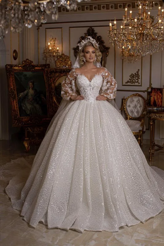 

Retro Shinny Wedding Dresses 2022 A Line Sequins Lace Applique Illusion Neck Long Sleeves Bodice Bridal Gowns Vestidos De Novia