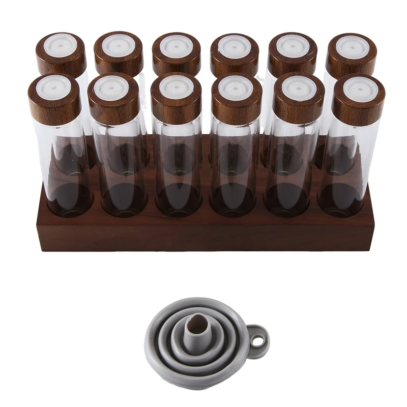 

12PCS Coffee Bean Storage Tubes Coffee Bean Cellar Wooden Display Stand And Funnel Espresso Accessories
