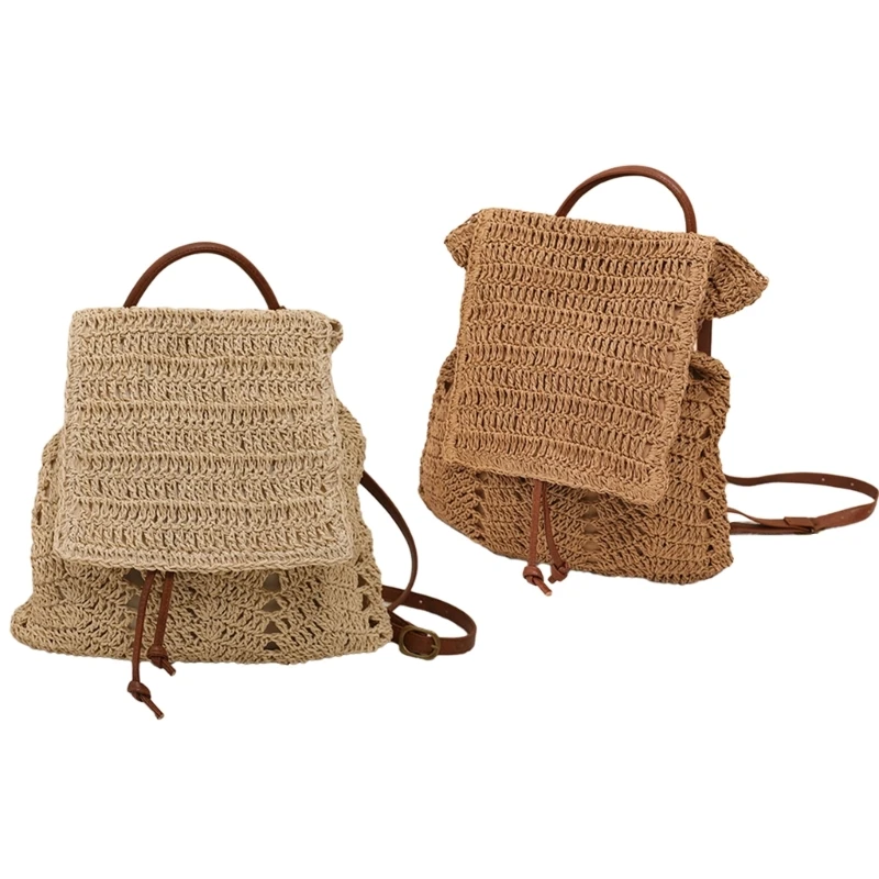 

Fashionable Straw Backpack for Women Woven Daypack with Drawstring Closure and Flap Cover Beach Bag