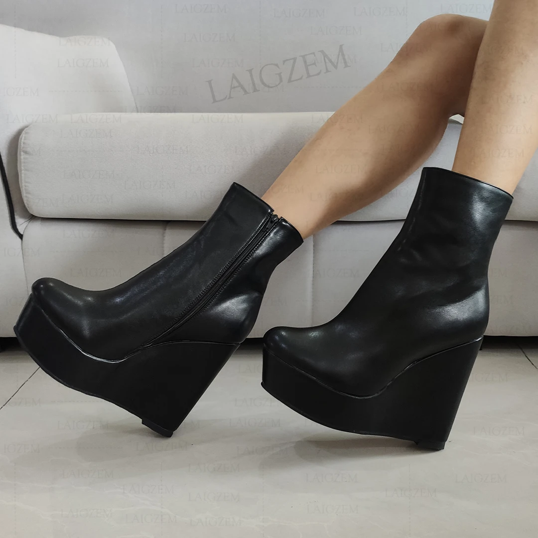 

ZHIMA Women Ankle Boots Platform Wedges Side Zip Up Faux Leather Booties Comfortable Unisex Shoes Woman Big Size 41 46 48 52