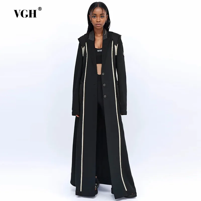 

VGH Hit Color Spliced Pockets Vintage Trenchs For Women Lapel Long Sleeve Patchwork Single Breasted Temperament Trench Female