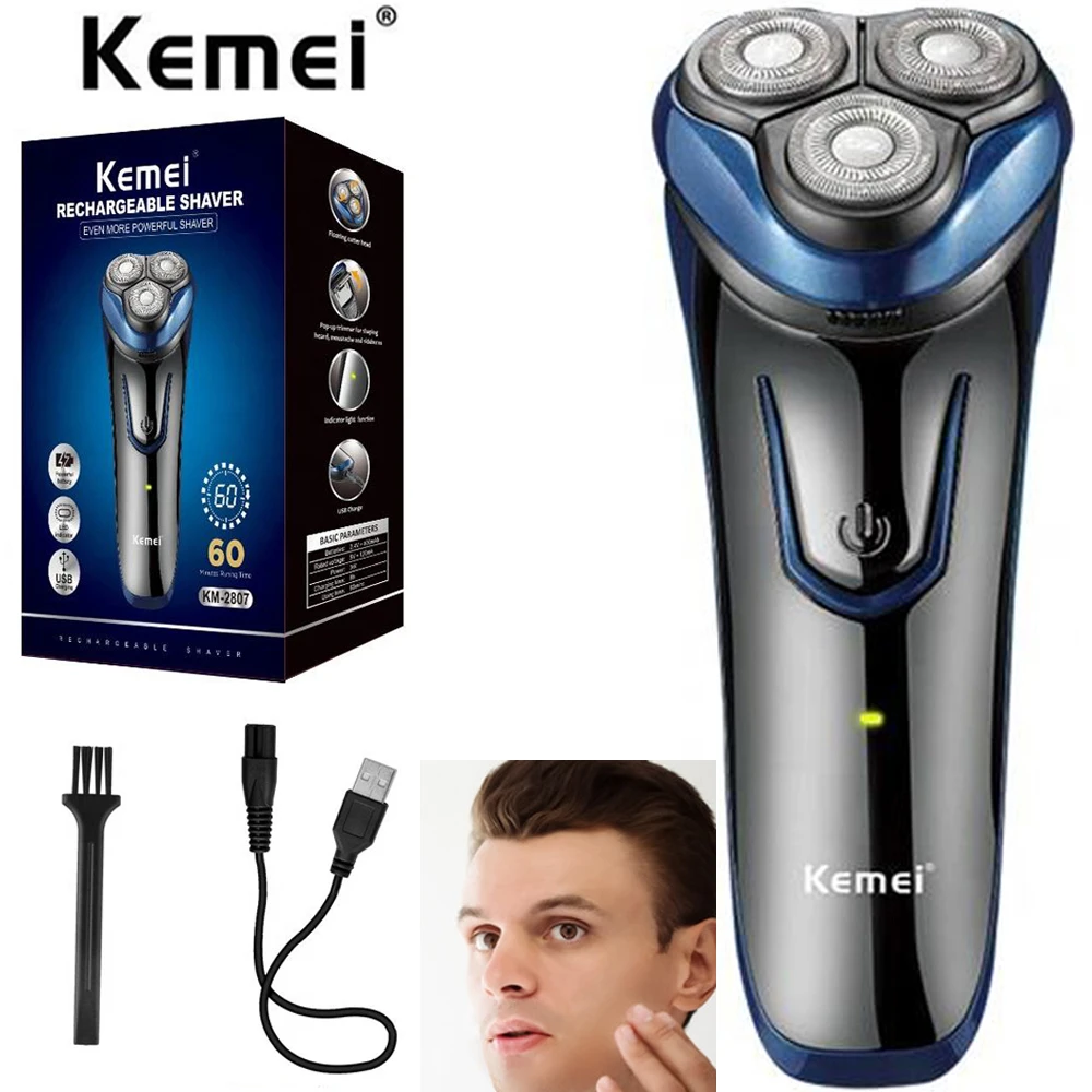 

Kemei Rechargeable Men's Shaving Cordless Rotary Wet Dry Shaver Three Head Floating Razor Electric Shavers KM-2807