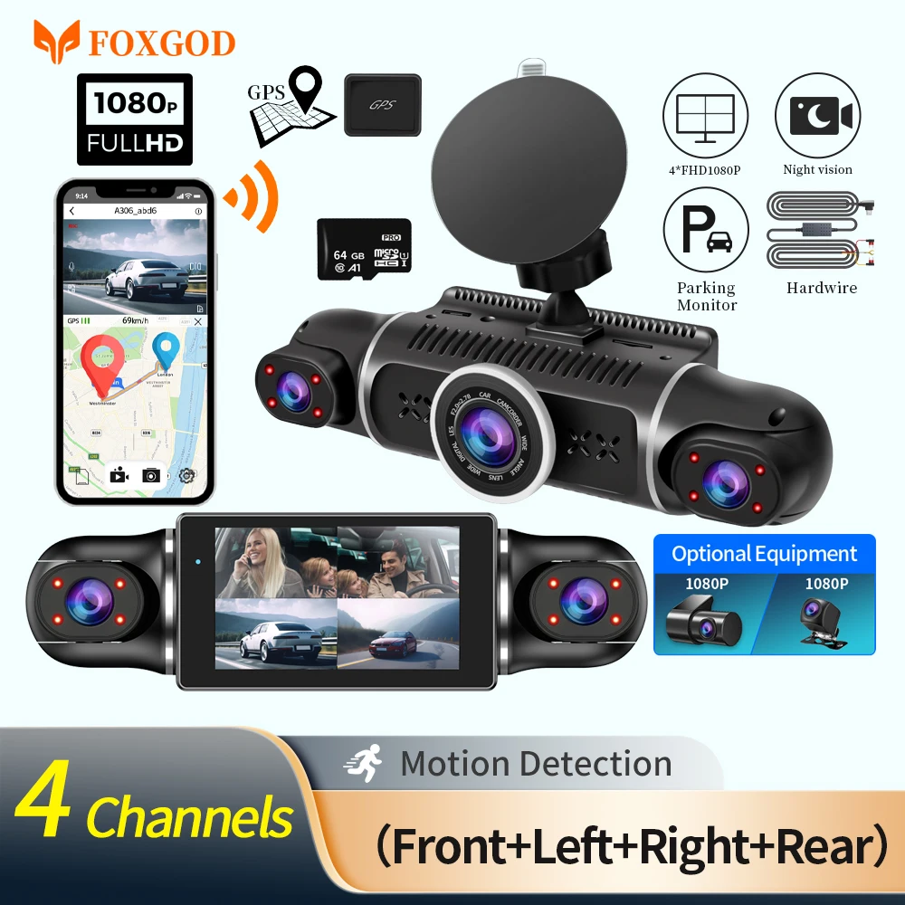 

Car DVR Dash Cam WiFi GPS 24h Parking Monitor 64G TF Card HD 1080P 4 Lens Video Recorder Night Vision Black Box Loop Recording