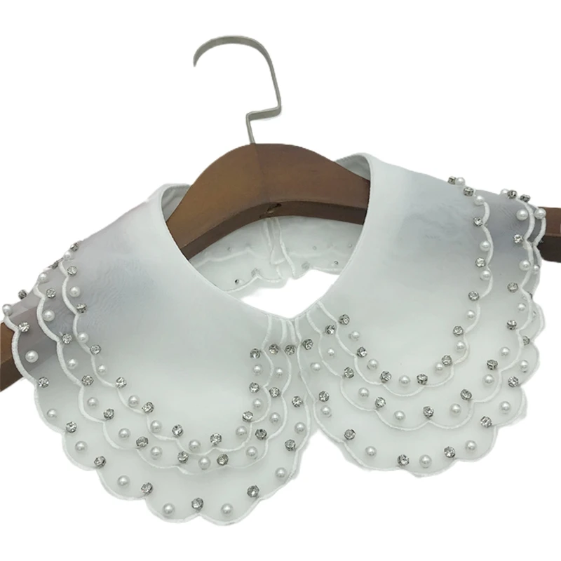 

for Rhinestone Pearl Handmade Beading Fake Collar Shawl 3 Layered Organza Half Shirt Necklace Detachable Mini Poncho