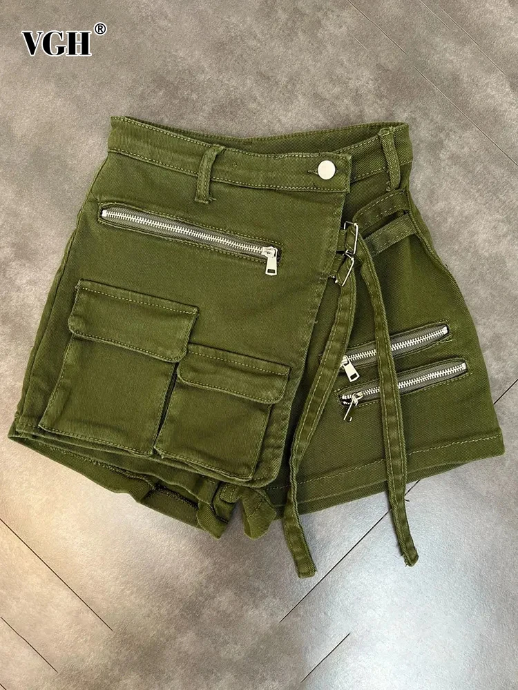 

VGH Patchwork Pocket Asymmetrical Skirt For Women High Waist Spliced Zippers Mini Slimming Solid Skirts Female Fashion Style