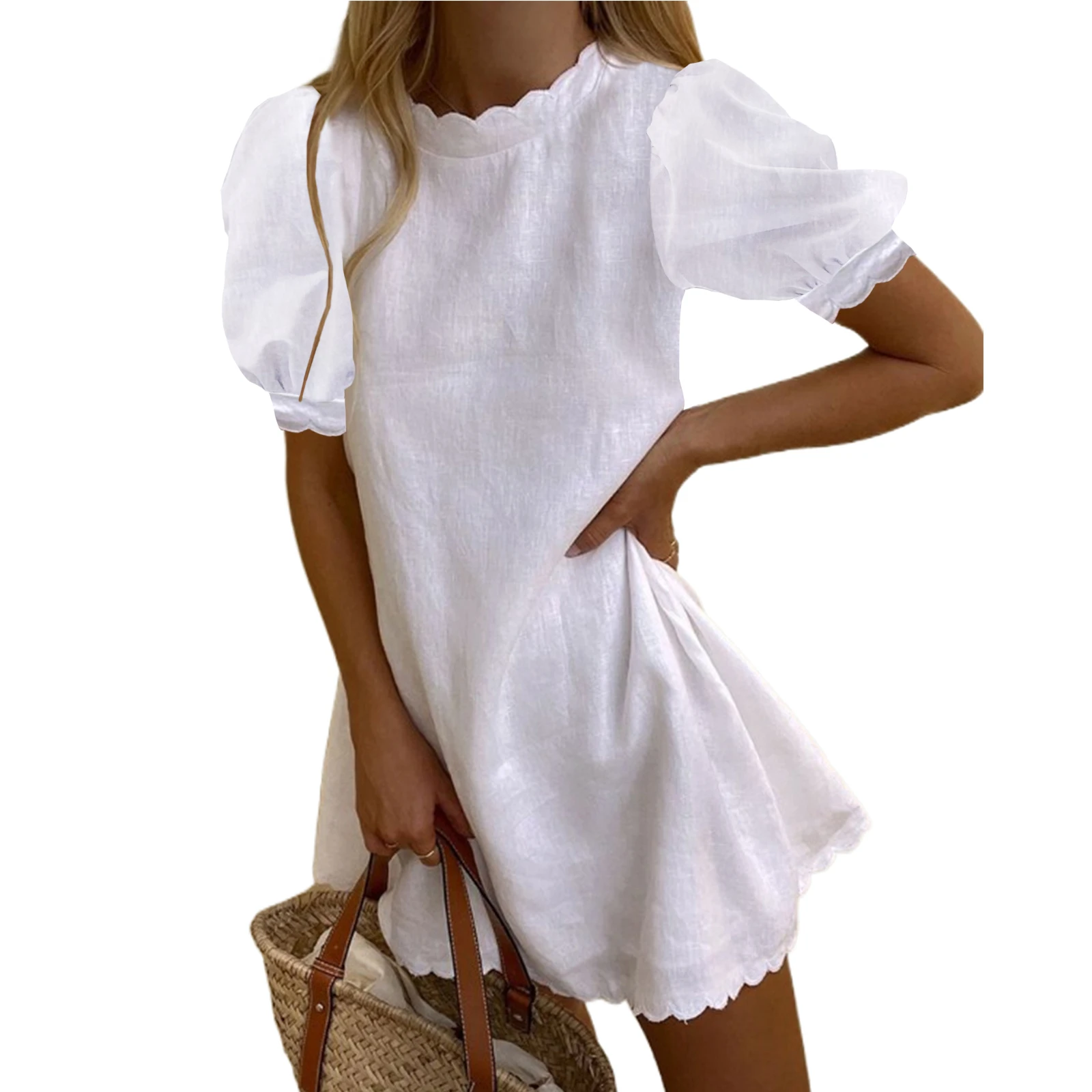

Women's Solid Color High Neck Beachwear Dress Ruffles Short Puff Sleeve Fashion Summer Casual A-Line Mini Sundress