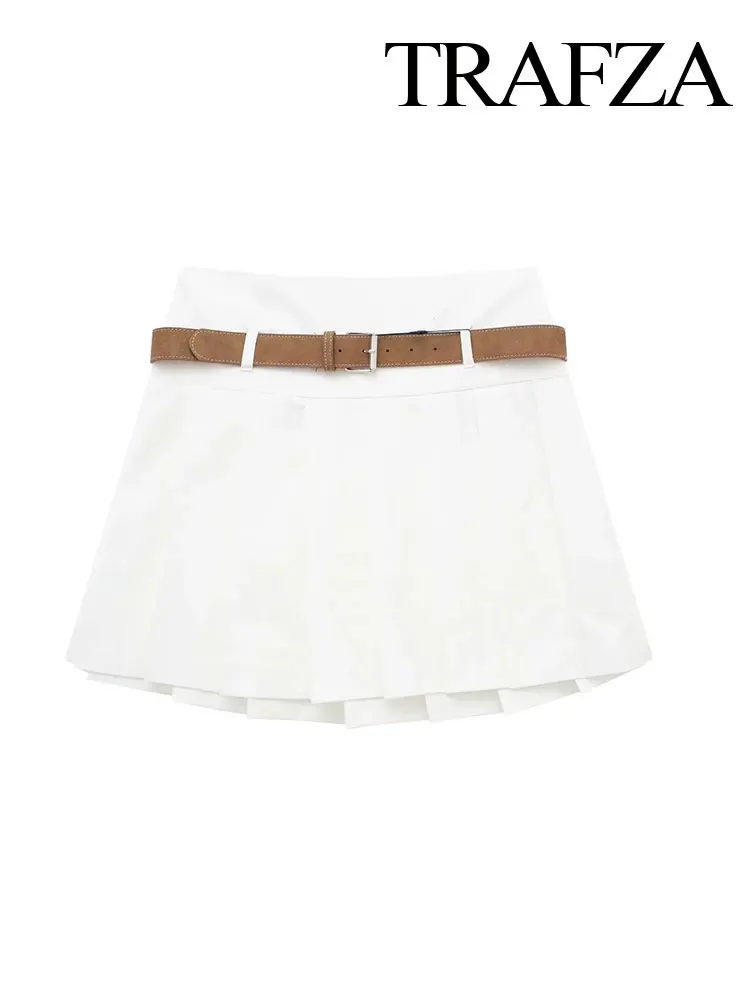 

TRAFZA Spring Women's White Belted Wide Pleat Skirt High Waist Women's Slim A-Line Mini Skirt Side Zipper Casual Short Skirt