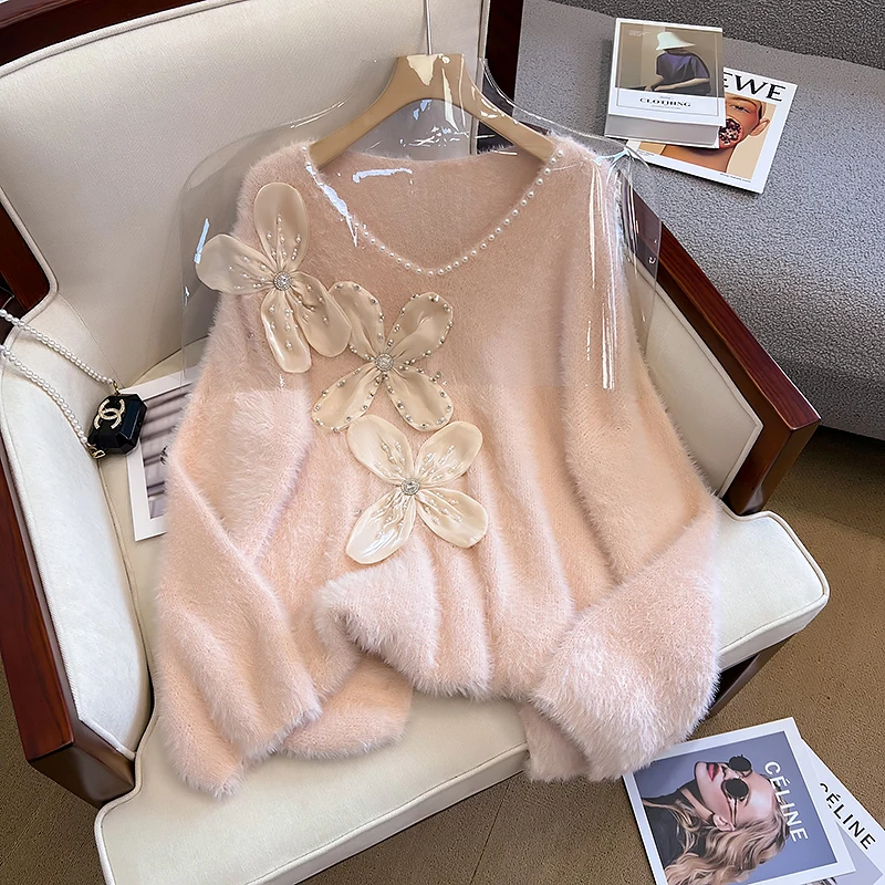 

Женский мохеровый Свитер оверсайз с V-образным вырезом, свободный трикотажный пуловер из искусственной норки розового цвета с объемными цветами и бусинами, весна-осень