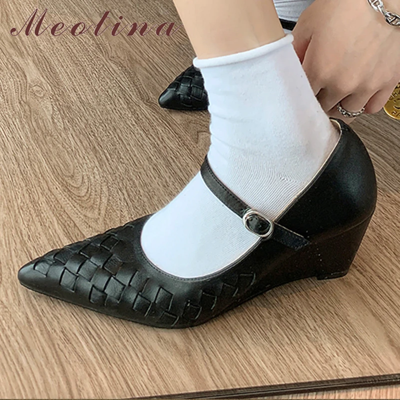 

Meotina Women Genuine Leather Mary Janes Pumps Pointed Toe Wedges High Heels Glove Shoes Buckle Lady Fashion Shoes Spring Autumn