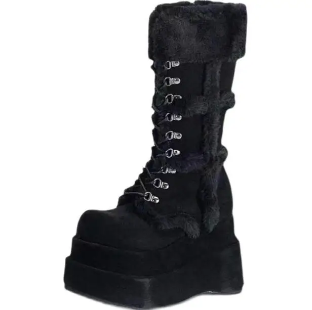 Winter Girls Black Wool Fur Cross Lace Up Front Platform Mid Calf Boots Woman Punk Thick Sole Height Increasing Wedge Boots
Winter Girls Black Wool Fur Cross Lace Up Front Platform Mid Calf Boots Woman Punk Thick Sole Height Increasing Wedge Boots