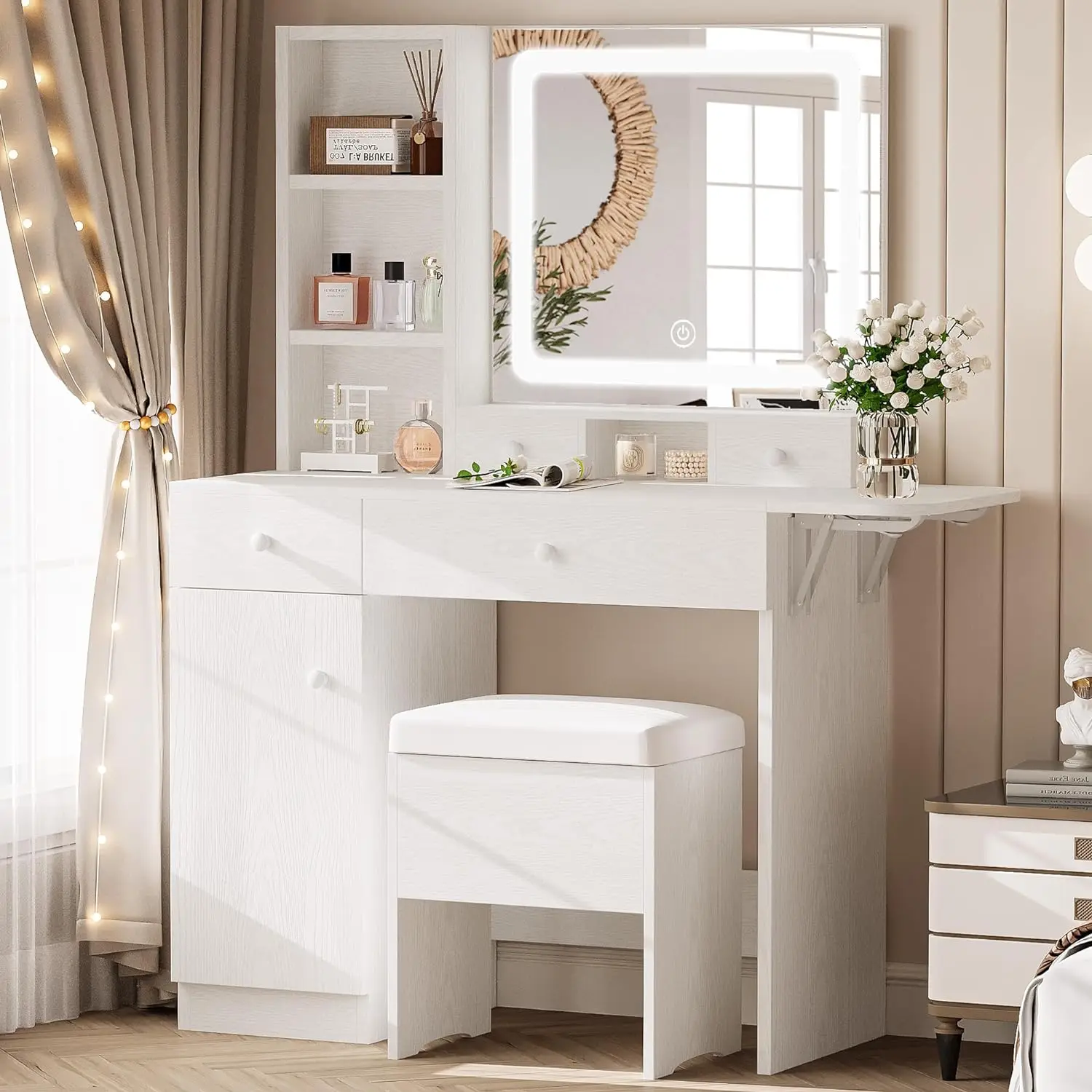 LIKIMIO Vanity Desk with Drawers & LED Lighted Mirror & Power Outlet & Cabinet, Storage Stool, Stylish Bedroom Makeup Table S
LIKIMIO Vanity Desk with Drawers & LED Lighted Mirror & Power Outlet & Cabinet, Storage Stool, Stylish Bedroom Makeup Table S