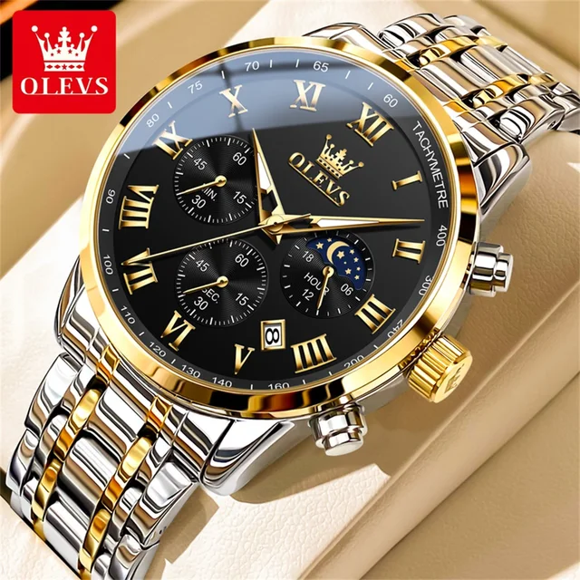 OLEVS-Montre à Quartz Étanche pour Homme, Phase de Lune, Circulation DNonomique, Calendrier, Montre-Bracelet Lumineuse, Marque de Luxe, Original 1
