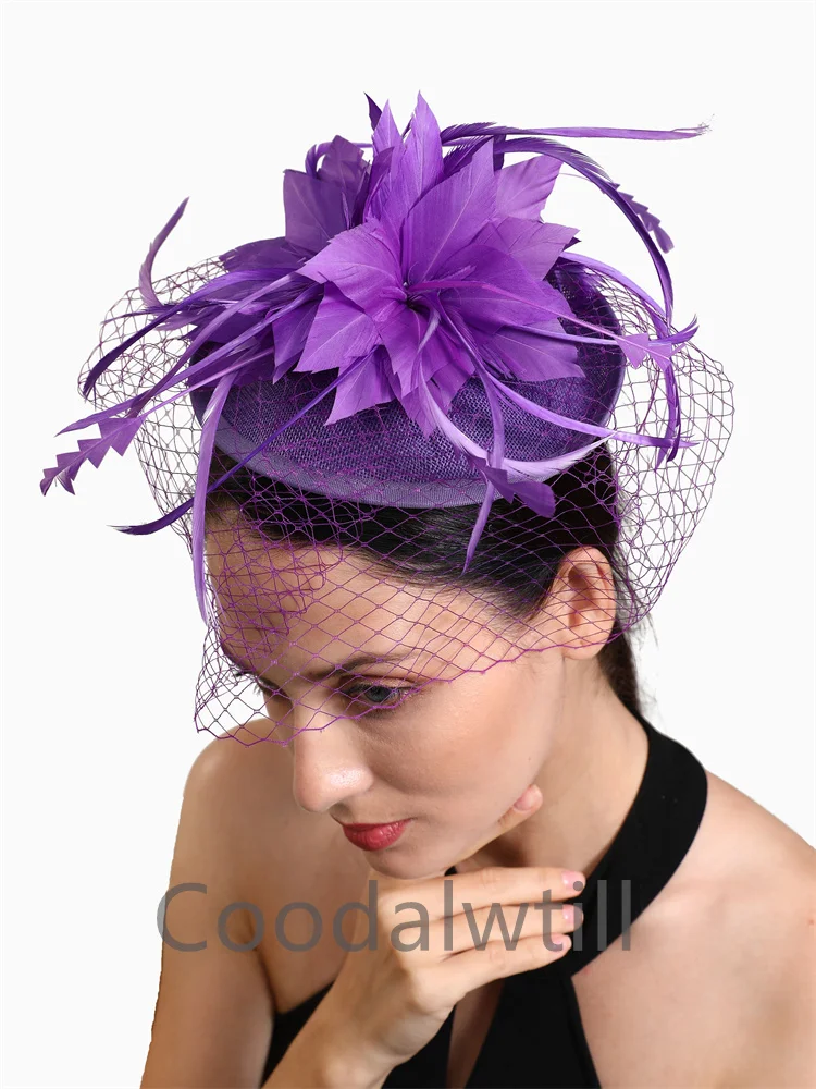 

Kentucky Derby Purple Fascinator Hat Women Wedding Veils Hair Accessories Royal Ascot Race Headpiece Bride Elegant Chapeau Cap