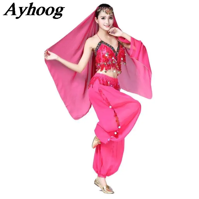 

Женский блестящий топ для танца живота, шифоновые широкие брюки с блестками и кисточками, одежда для индийских танцев