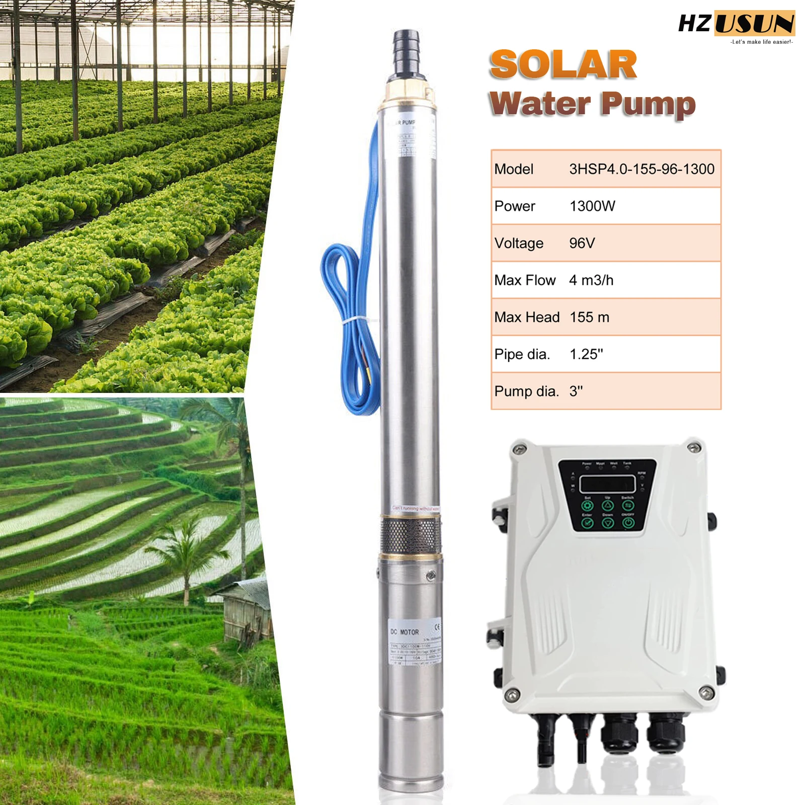 

DC 96V 1300W Solar Submersible Deep Well Pump System for Agriculture Solar Power 100M Borehole Pumping Kits with MPPT Controller