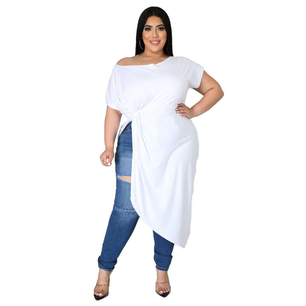 

Summer New Women's Dress Sexy Solid Color Fat Woman Plus Size Top Asymmetric Casual Short-sleeved Dressse Large Size XL-4XL