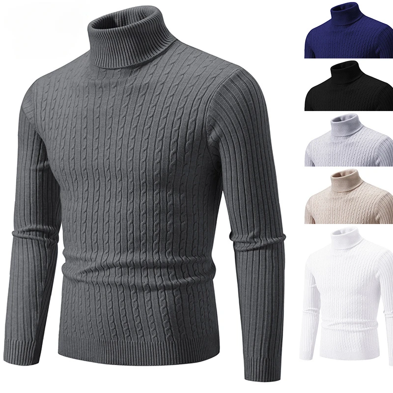 

New Men's High Neck Sweater Solid Color Pullover Knitted Warm Casual Turtleneck Sweatwear Woolen Mens Winter Outdoor Tops