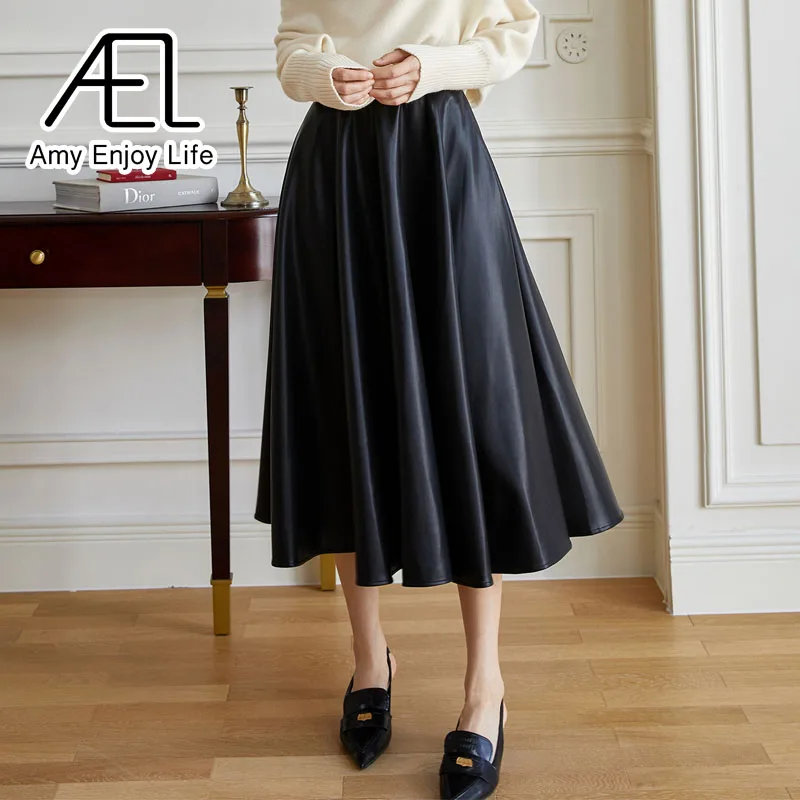 

AEL Spring Women Pleated Skirt PU Streetwear High Waist A line Midi Skirts Female Clothing Fashion Black