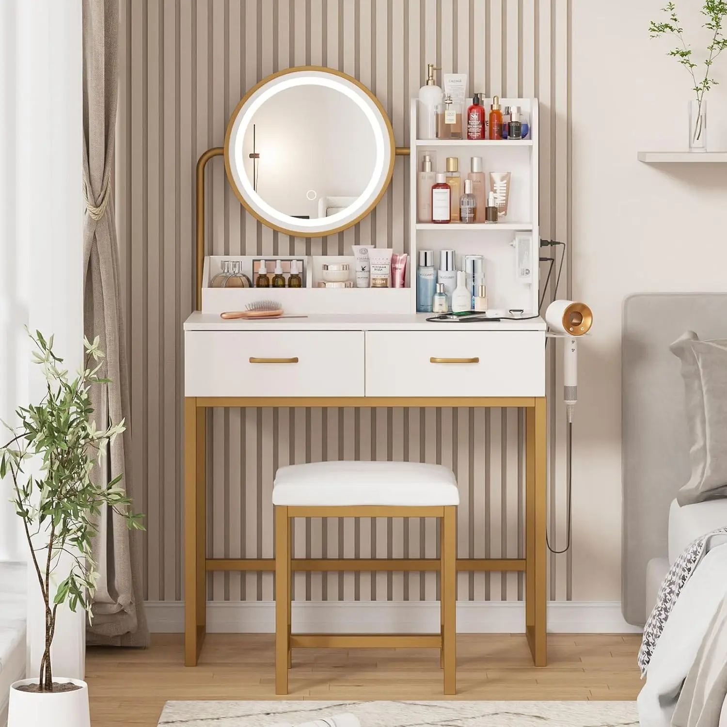 Makeup Vanity with Round Mirror and Lights, White Vanity Makeup Table with Charging Station, Small Vanity Table for Bedroom
Makeup Vanity with Round Mirror and Lights, White Vanity Makeup Table with Charging Station, Small Vanity Table for Bedroom