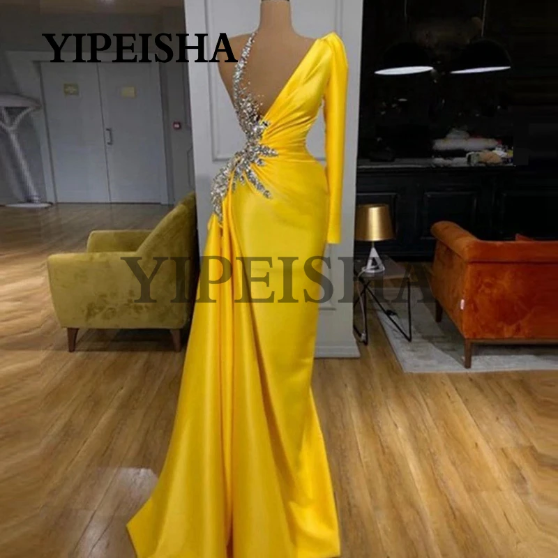 

Exquisite One-Shoulder Mermaid Evening Dresses Long Sleeve Beading Sweep Train Yellow Prom Gown robes de soirée فساتين السهرة