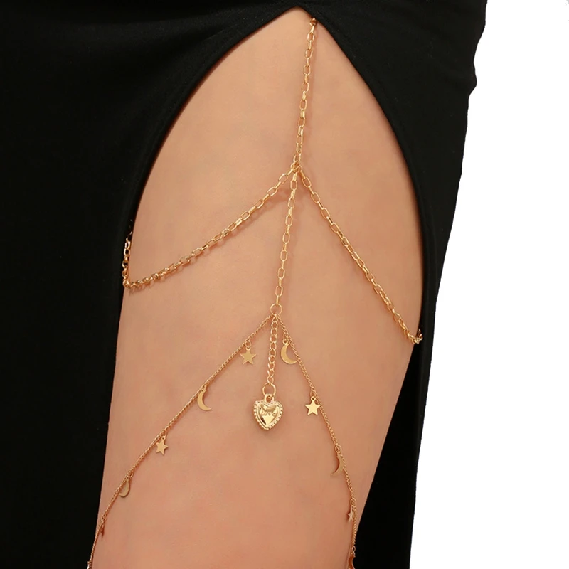 

Sexy Thigh Chain Garter Dangle Star Moon Tassel Thigh Chain Elastic Sexy Body Chain Jewelry Nightclub Party for Women H9ED
