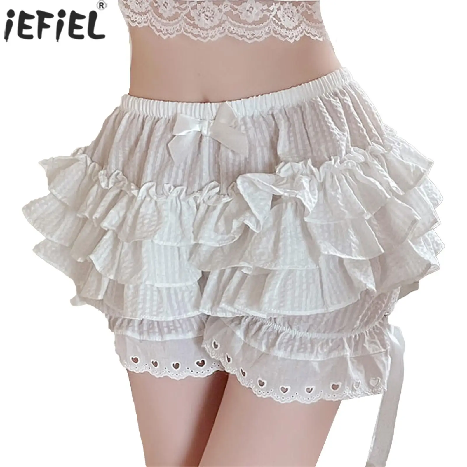 

Womens Maid Cosplay Costume Tiered Frilly Bloomers Shorts Cute Bowknot Ruched Culottes Ruffled Soft Panties for Masquerade Party