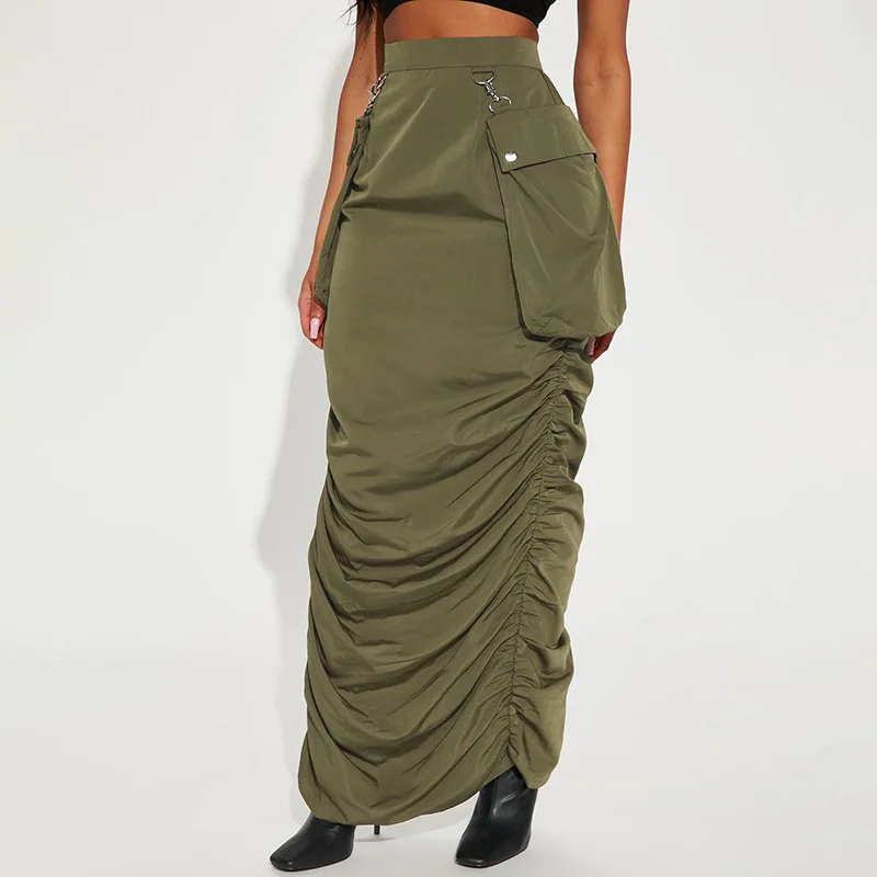 

KEXU Pocket Side Ruched Up Slim Zipper Back Slit Hem Maxi Long Cargo Safari Style Skirt 2023 Women Fashion New Green Skirts