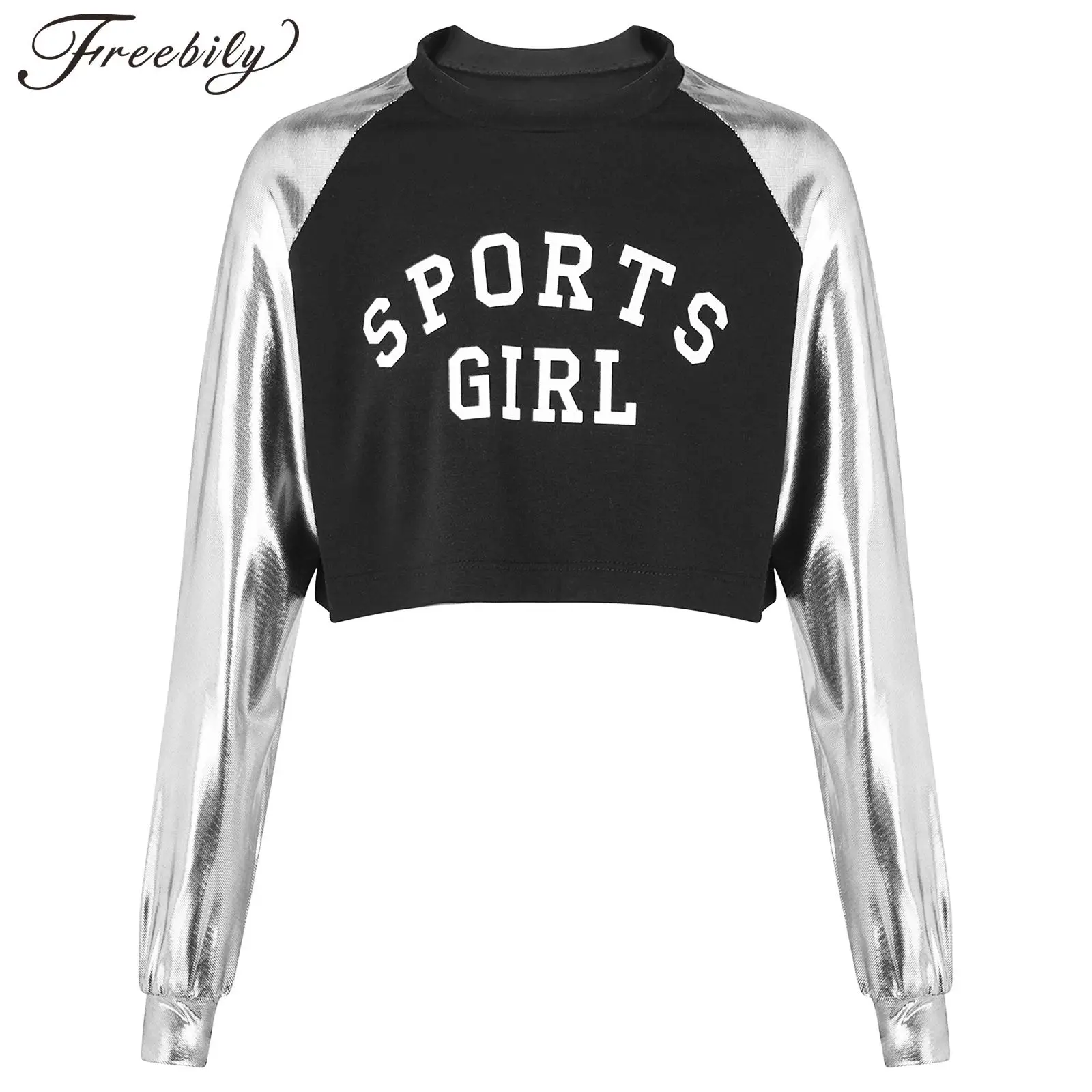 Kids Girls Long Sleeve Jazz Dance Costume Letter Print Shiny Metallic Crop Tops Modern Dancing T-shirt for Stage Performance
Kids Girls Long Sleeve Jazz Dance Costume Letter Print Shiny Metallic Crop Tops Modern Dancing T-shirt for Stage Performance