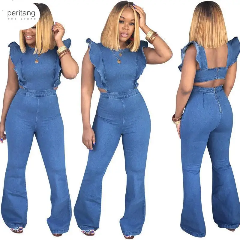 

2024 Butterfly Bell Wide Leg Bodycon Denim Jumpsuit Casual Rompers Back Lace Up Fashion Trends Jumpsuits Overalls