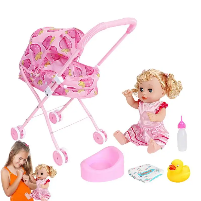 

Детская коляска для кукол, детская коляска, игровой набор, реалистичные и компактные детские куклы, аксессуары с коляской, кукла, игровой набор для