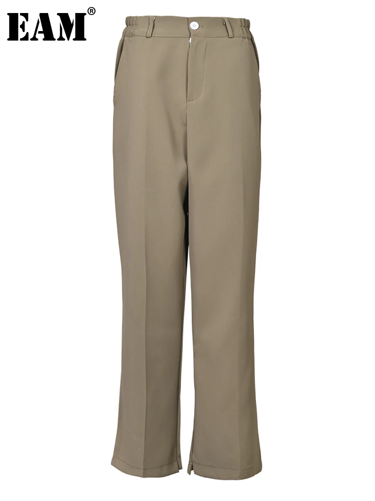 

[EAM] High Waist Khaki Slit Pockets Wide Leg Long Pants New Loose Fit Trousers Women Fashion Tide Spring Autumn 2023 1DF8406