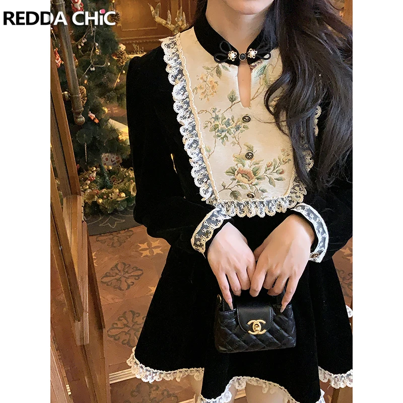 

REDDACHiC Medieval Retro Jacquard Mini Dress Women Black Velvet Patchwork Lace Trim Cheongsam Button Hollow Desire One-piece