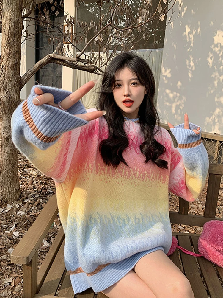 Women Gradual Color Rainbow Stripe Sweater Women's Autumn 2023 New Style Hooded Thicken Long Sleeve Knitted Top
Women Gradual Color Rainbow Stripe Sweater Women's Autumn 2023 New Style Hooded Thicken Long Sleeve Knitted Top