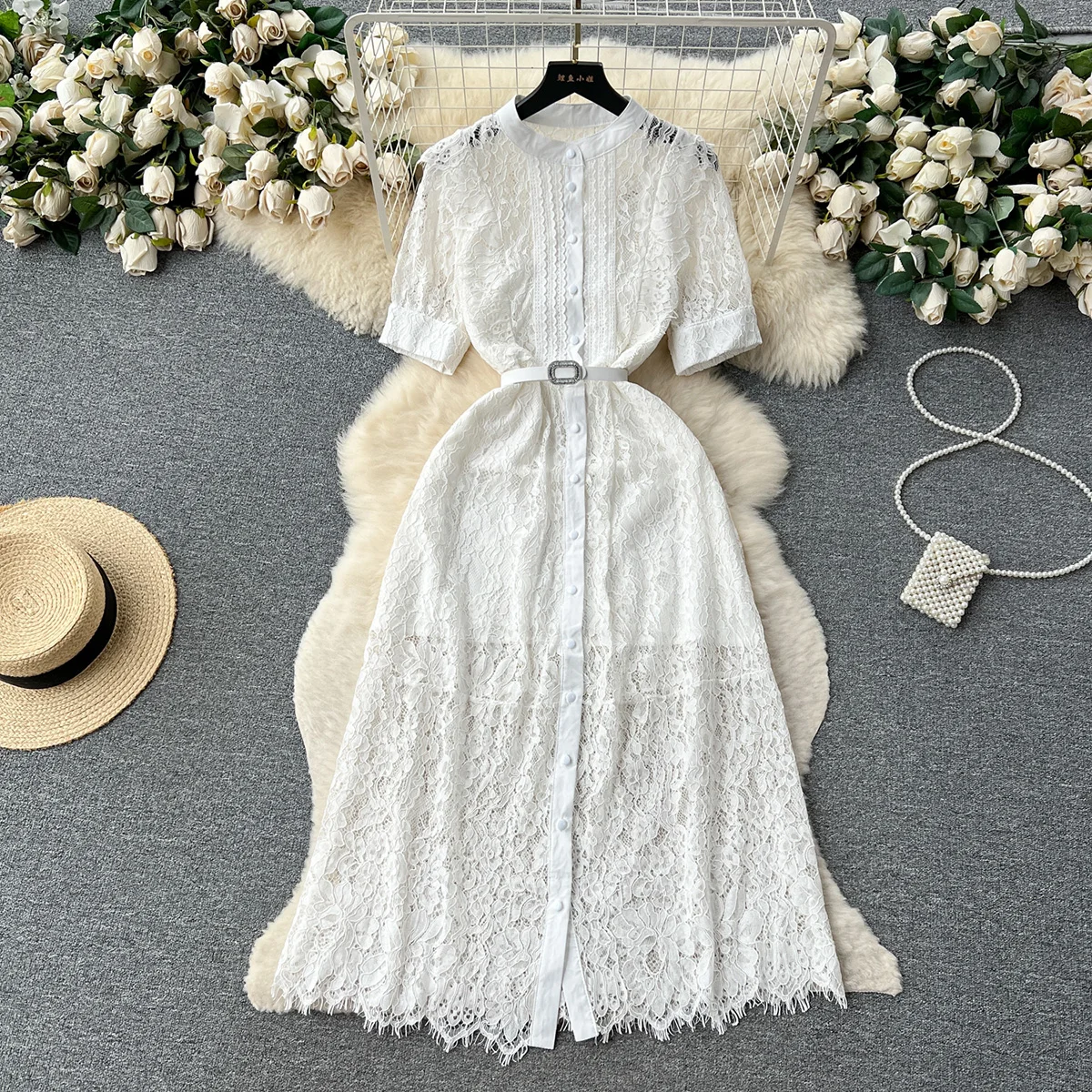 

Croysier Openwork Lace White Dress Women Summer Round Neck Short Sleeve Midi Dress Office Elegant Buttoned Shirt Dress With Belt