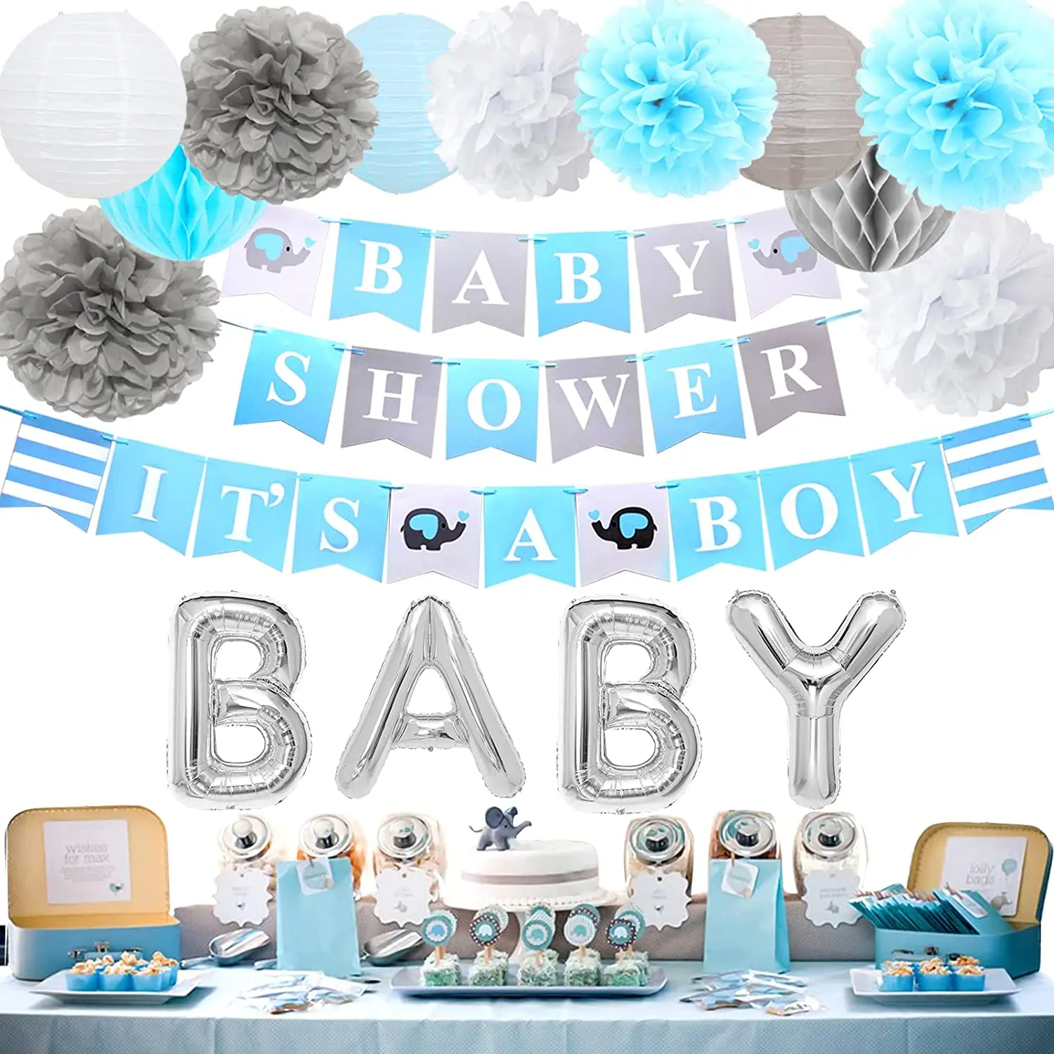 Blue and Sliver Elephant Baby Shower Decorations for Boy It's A Boy Banner Paper Lantern Pom Poms for Elephant Theme Baby Shower
Blue and Sliver Elephant Baby Shower Decorations for Boy It's A Boy Banner Paper Lantern Pom Poms for Elephant Theme Baby Shower
