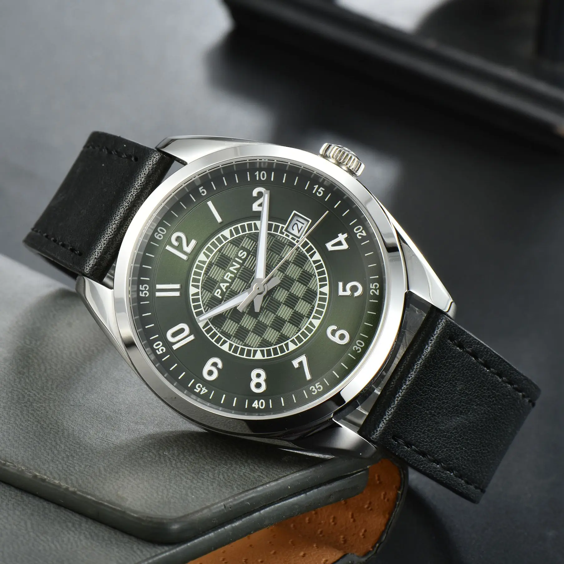 

Parnis 40MM Green Dial Mechanical Automatic Men's Watch Calendar Sapphire Leather Strap Sports Wristwatches For Men reloj hombre