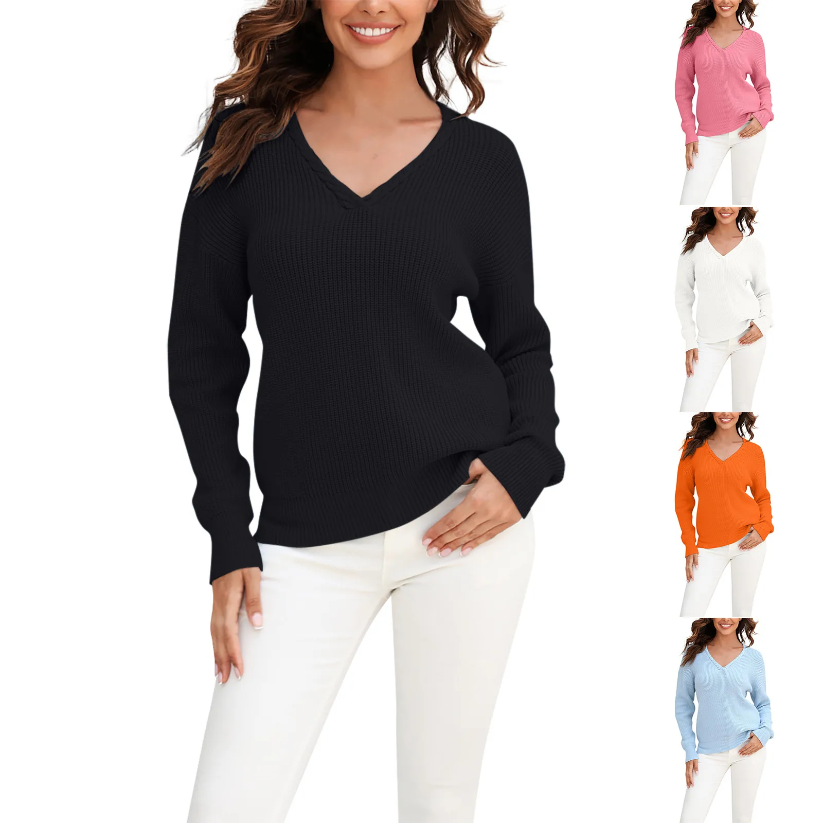 

Ladies V Neck Threaded Open Casual Long Sleeve Tunic Knitwear Elastic Waist Layered Uniquely Designed Eye-Catching And Personali