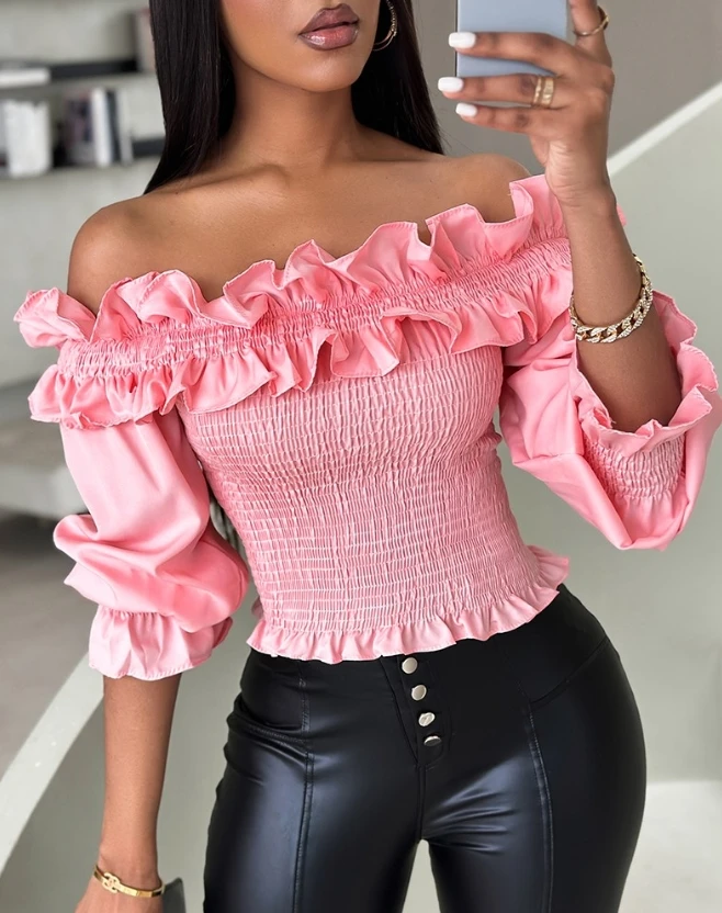 

Off the Shoulder Top Frill Hem Shirred 2024 Spring and Summer New Blouses Casual Long Sleeve Shirred Commuting Bell Sleeve Tee