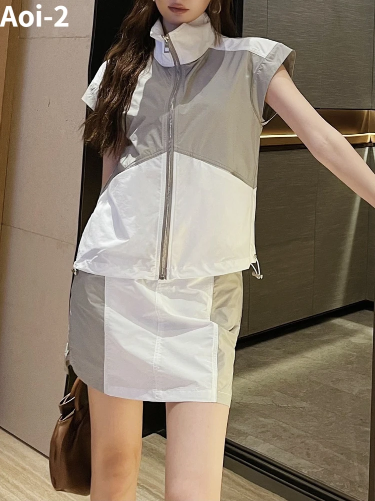 

Aoi American Trench Coat Suit Women Summer New Casual Sports Profile Vest Top+High Waist Elasticity A- Line Skirt Two-Piece Set