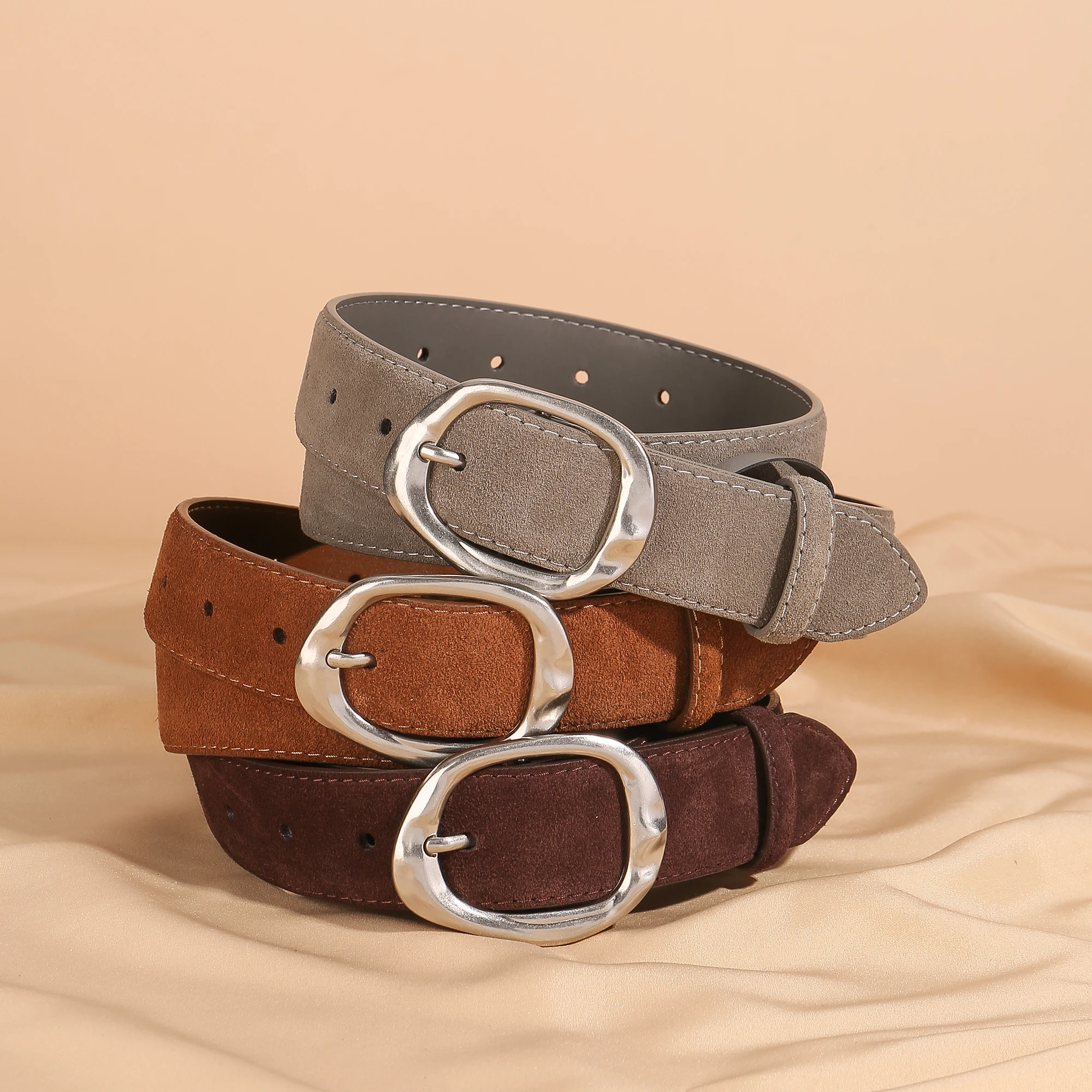 Luxury suede leather belt for women with silver metal buckle vintage style