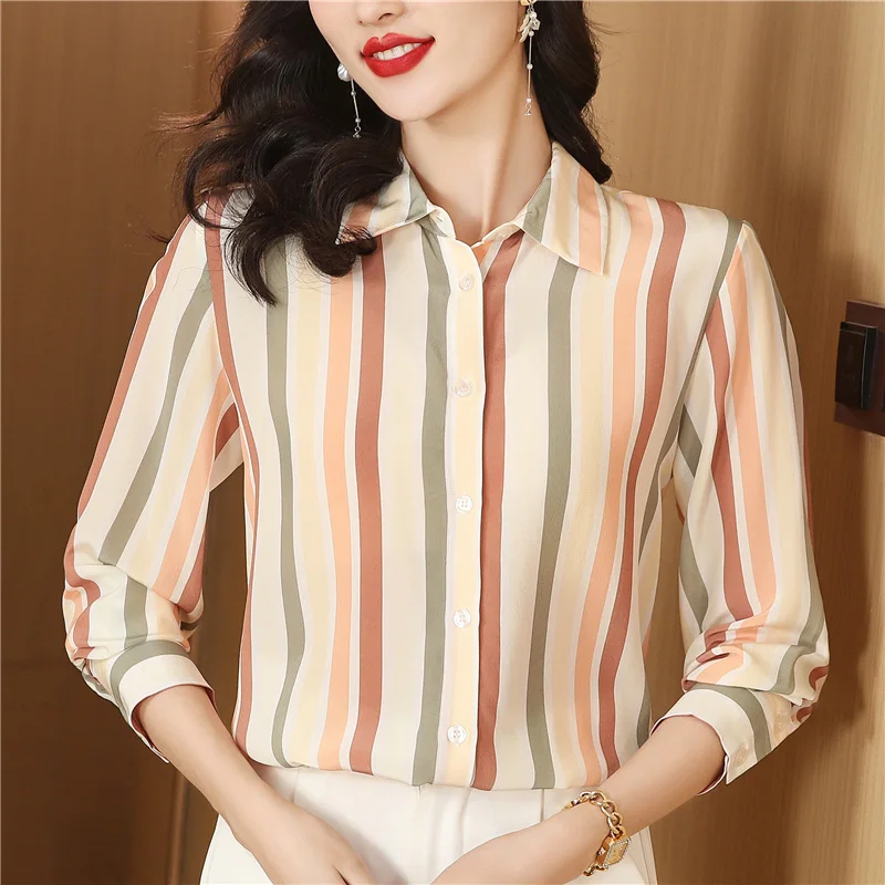 2024 New Silk Striped Shirts Women's Blouses Spring Autumn Patchwork Long sleeved Tops Elegant OL Business Work Shirts
2024 New Silk Striped Shirts Women's Blouses Spring Autumn Patchwork Long sleeved Tops Elegant OL Business Work Shirts