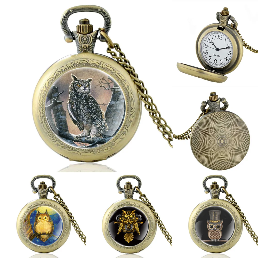 

Classic Owl Theme Design Quartz Pocket Watch, Vintage Bronze Men Women Necklace Watches