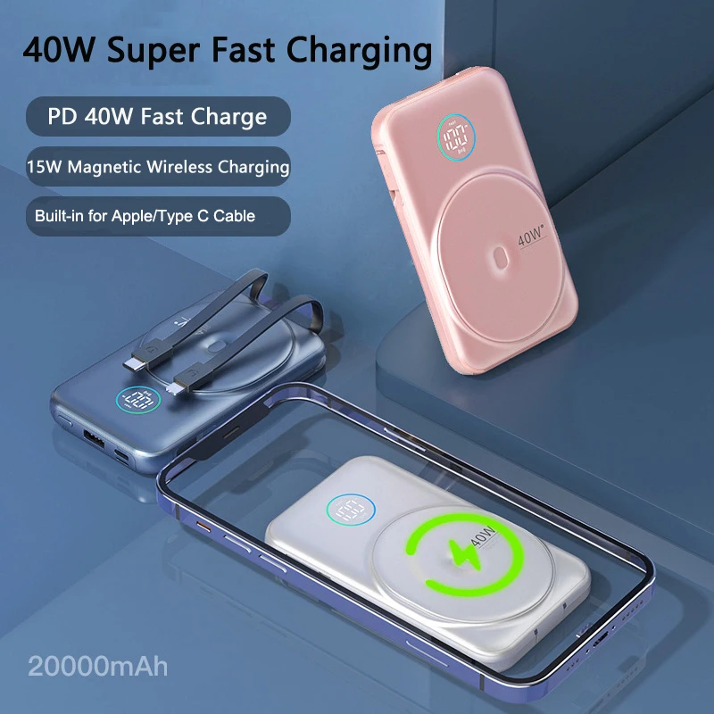 

20000mAh Power Bank Built in Cable 15W Magsafe Wireless Charger For iPhone 15 Samsung Huawei Xiaomi 40W Fast Charging Powerbank