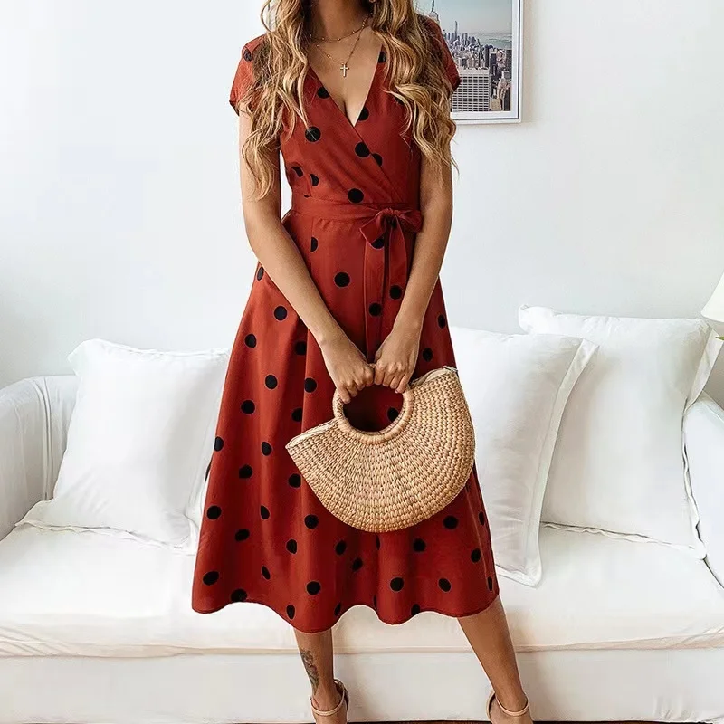 

Women Polka Dots Dress Summer Short Sleeve V-Neck Printing Dress Office Lady Elegant Slim Waist A-Line Mid-Calf Dress