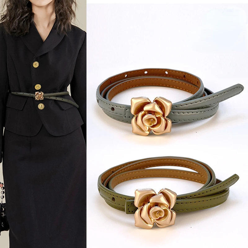 

2023 3D Flower Buckle Adjustable Waistbands for Women Real Leather Slim Belts Corset Dress Shirt Decoration Cowskin Cinturones