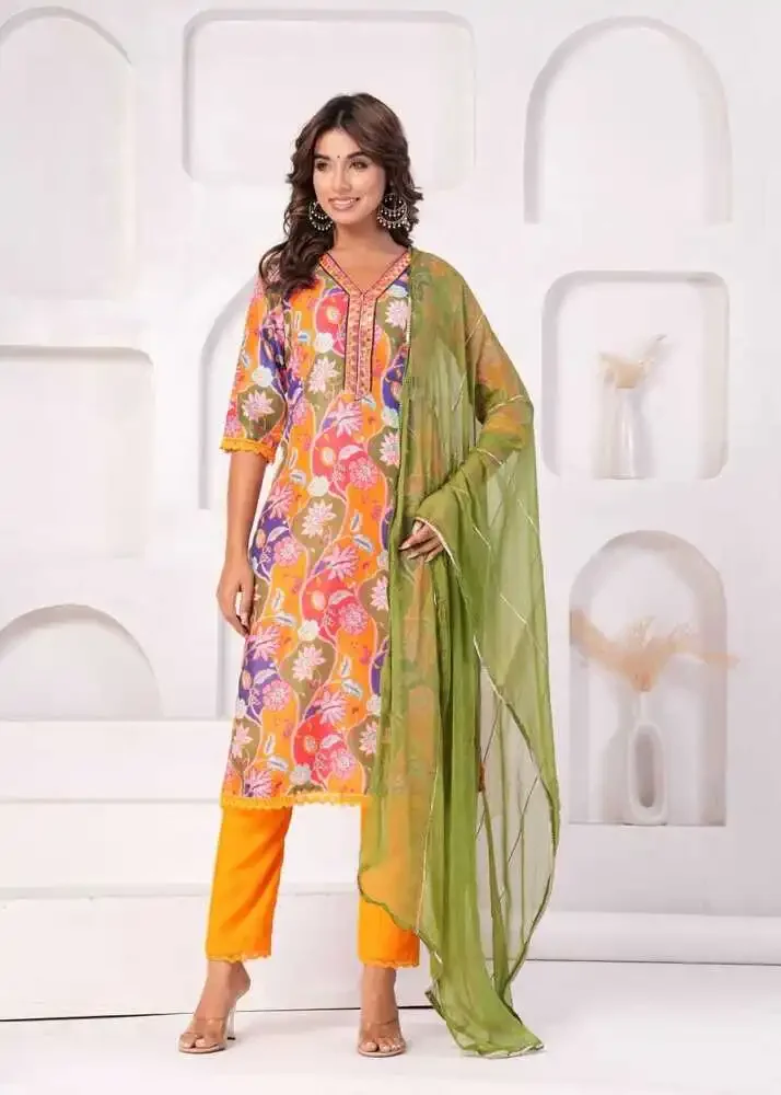 

V-neck Half Sleeve Salwar Kameez Women Elegant Kurti Stylish Pant Dupatta Kurta Readymade Set