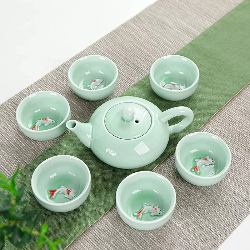 

Happy Sales Porcelain Chinese Kungfu Teapot and Teacups Hand Painted Koi Fish Carp Tea Set (7 PC set)