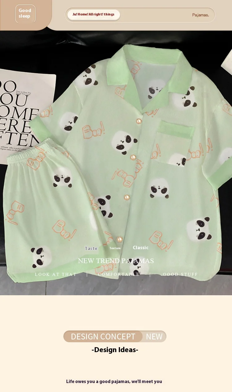 Summer Women's Ice Silk Fashion New Cartoon Pajamas Homewear Set Girls Color Collision Lapel Short-Sleeved Casual Homewear Set 27 Sdb7fe42e6c3743e390dd574c61417fc4y